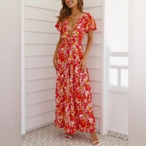Hello Molly Jumpsuit Natural Heights Orange Floral Tropical Ruffle Size XS (2)